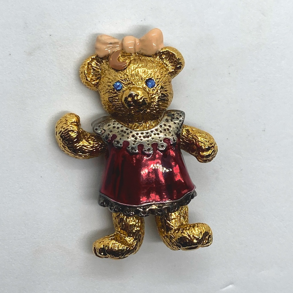 Vtg Edgar Berebi Gold Tone Enamel Teddy Bear Bow Enamel Dress Brooch 1.9”